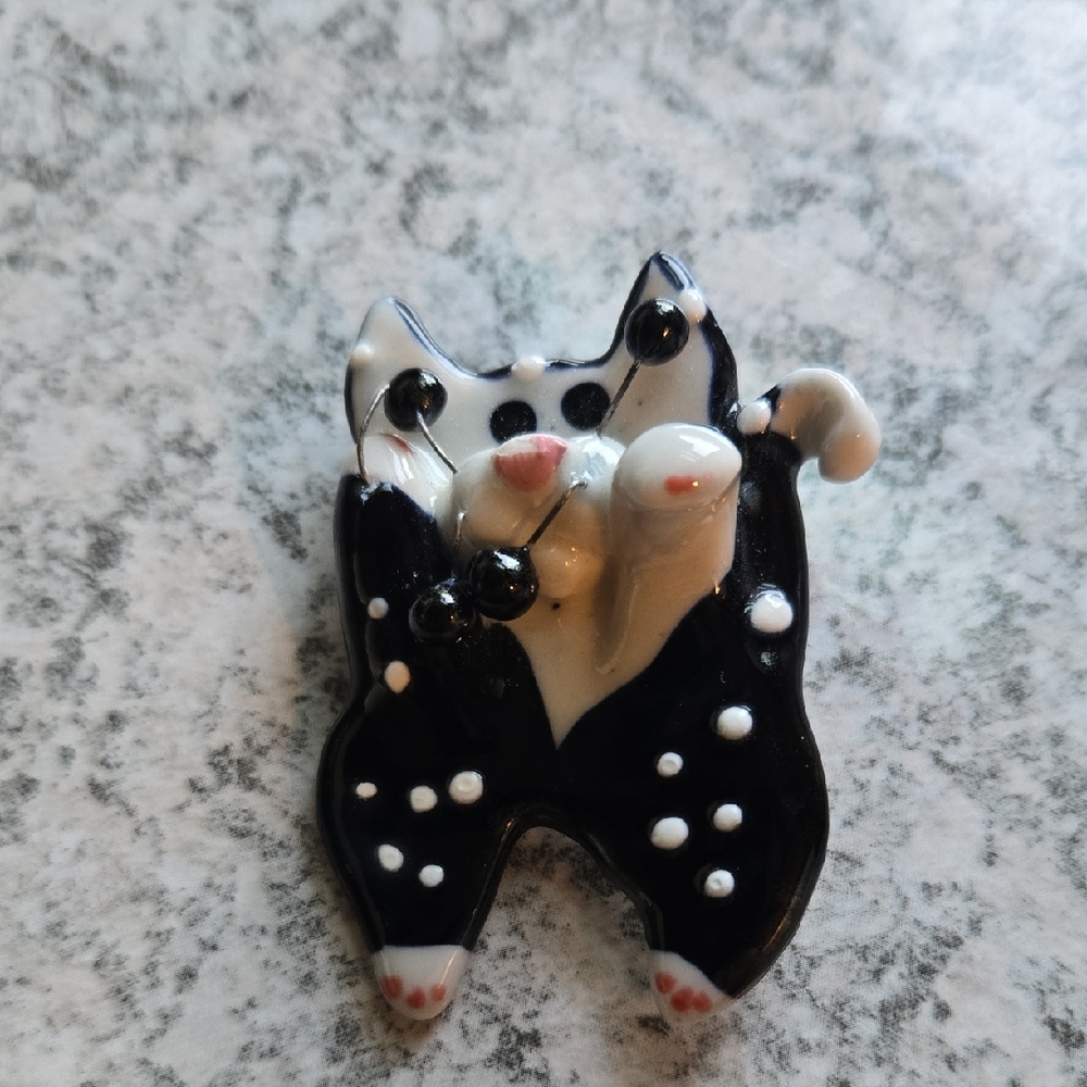 Hand Crafted Black and White Cat Brooch